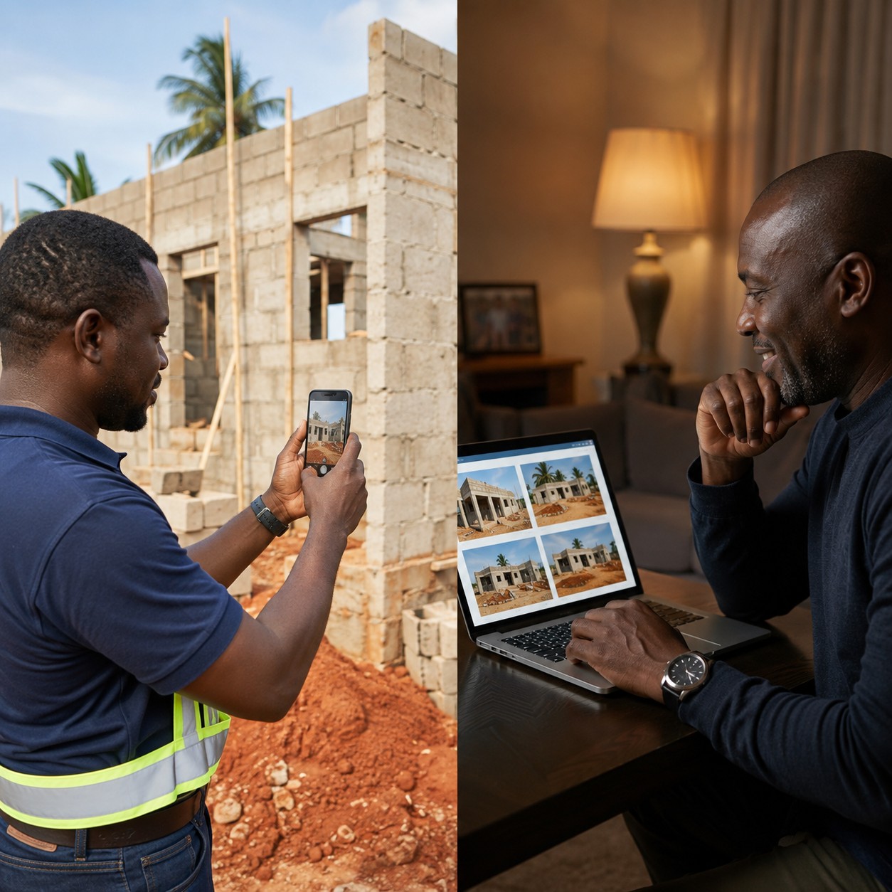 A SiteVerified rep photographing a client's build in Ghana; the diaspora client reviews the photos remotely on a laptop.